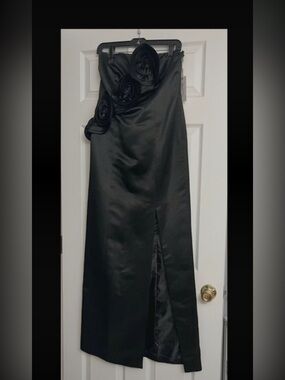 Calvin Klein Black Strapless Satin Maxi Dress with Rosette Detail